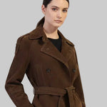 JJerrold chocolate brown suede trench coat, cropped and double-breasted with a belted waist, front view
