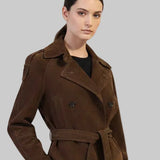 JJerrold chocolate brown suede trench coat, cropped and double-breasted with a belted waist, front view