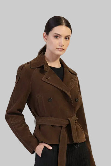 JJerrold chocolate brown suede trench coat, cropped and double-breasted with a belted waist, front view