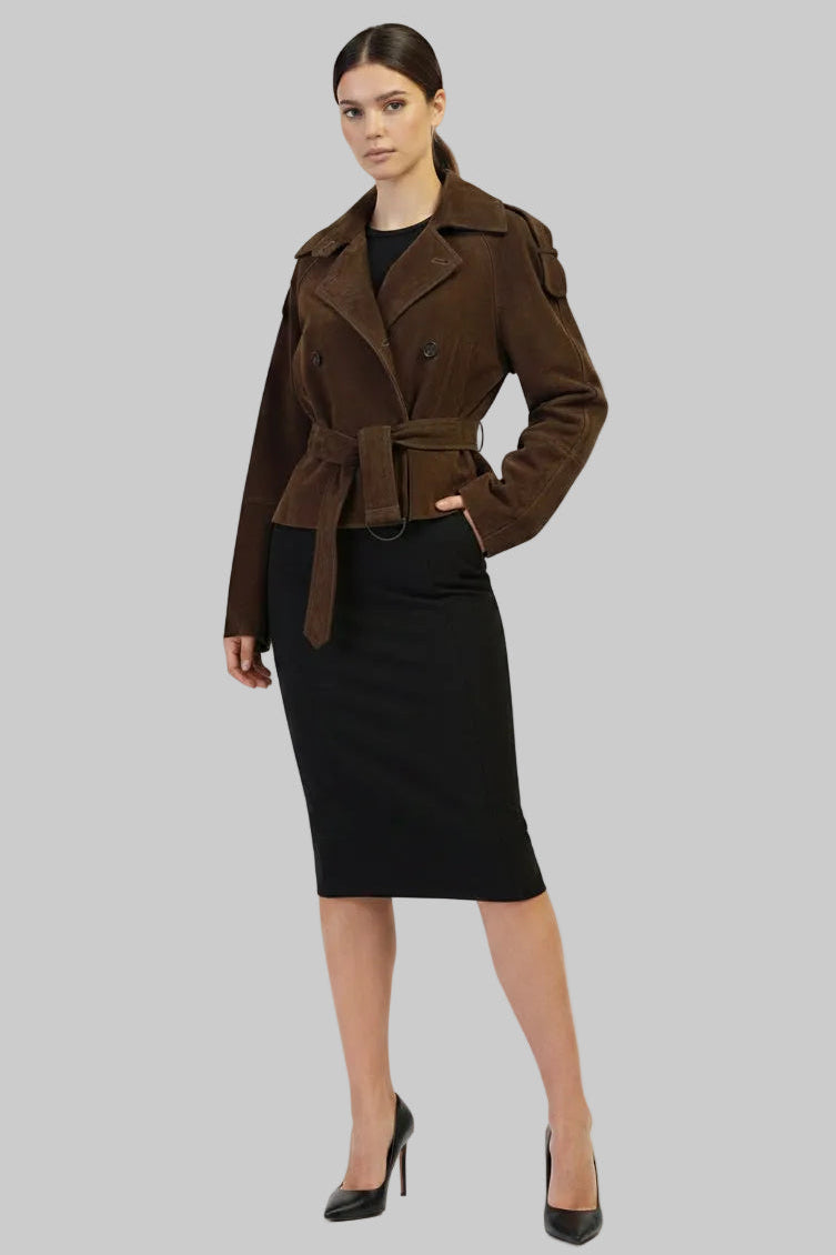 JJerrold chocolate brown suede trench coat worn over a black pencil skirt and heels, full length front view
