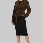 JJerrold chocolate brown suede trench coat worn over a black pencil skirt and heels, full length front view