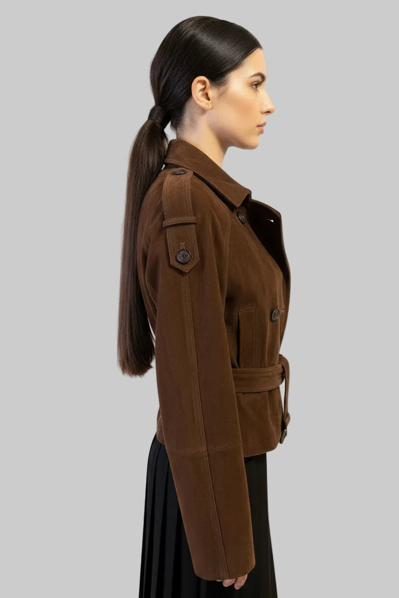 JJerrold chocolate brown suede trench coat, side profile showing the drop shoulder sleeve and shoulder tab