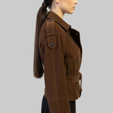 JJerrold chocolate brown suede trench coat, side profile showing the drop shoulder sleeve and shoulder tab
