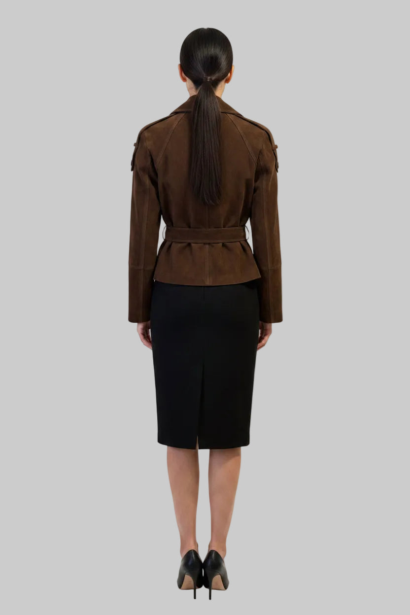 JJerrold chocolate brown suede trench coat, back view showing the belted waist and shoulder epaulettes