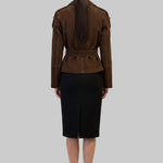 JJerrold chocolate brown suede trench coat, back view showing the belted waist and shoulder epaulettes