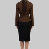 JJerrold chocolate brown suede trench coat, back view showing the belted waist and shoulder epaulettes